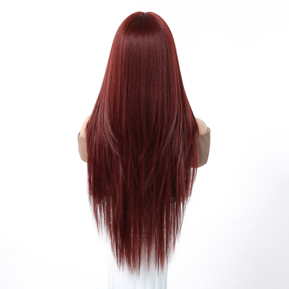 Burgundy Red Wig Long Straight Synthetic Hair Wigs with Bangs Heat Resistant Synthetic No Lace Wigs for Fashion Women