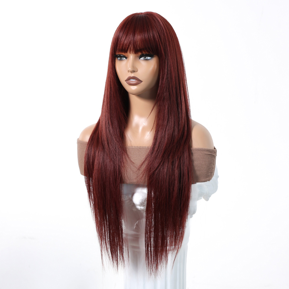 Burgundy Red Wig Long Straight Synthetic Hair Wigs with Bangs Heat Resistant Synthetic No Lace Wigs for Fashion Women