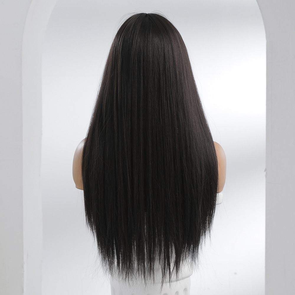 Long Black Straight Wigs for Women 24 inch Glueless Synthetic Wig with Bangs Heat Resistant Natural Layered Wig for Girls Daily Party Cosplay