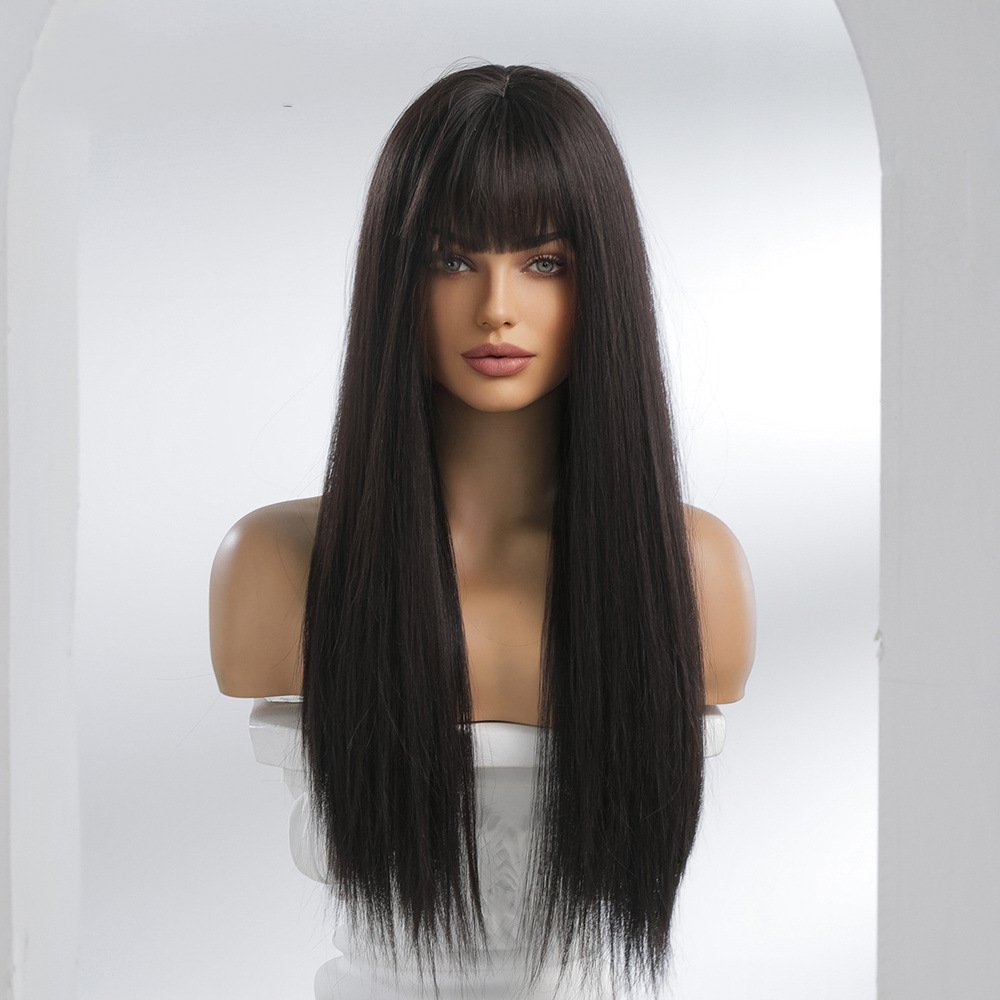 Long Black Straight Wigs for Women 24 inch Glueless Synthetic Wig with Bangs Heat Resistant Natural Layered Wig for Girls Daily Party Cosplay
