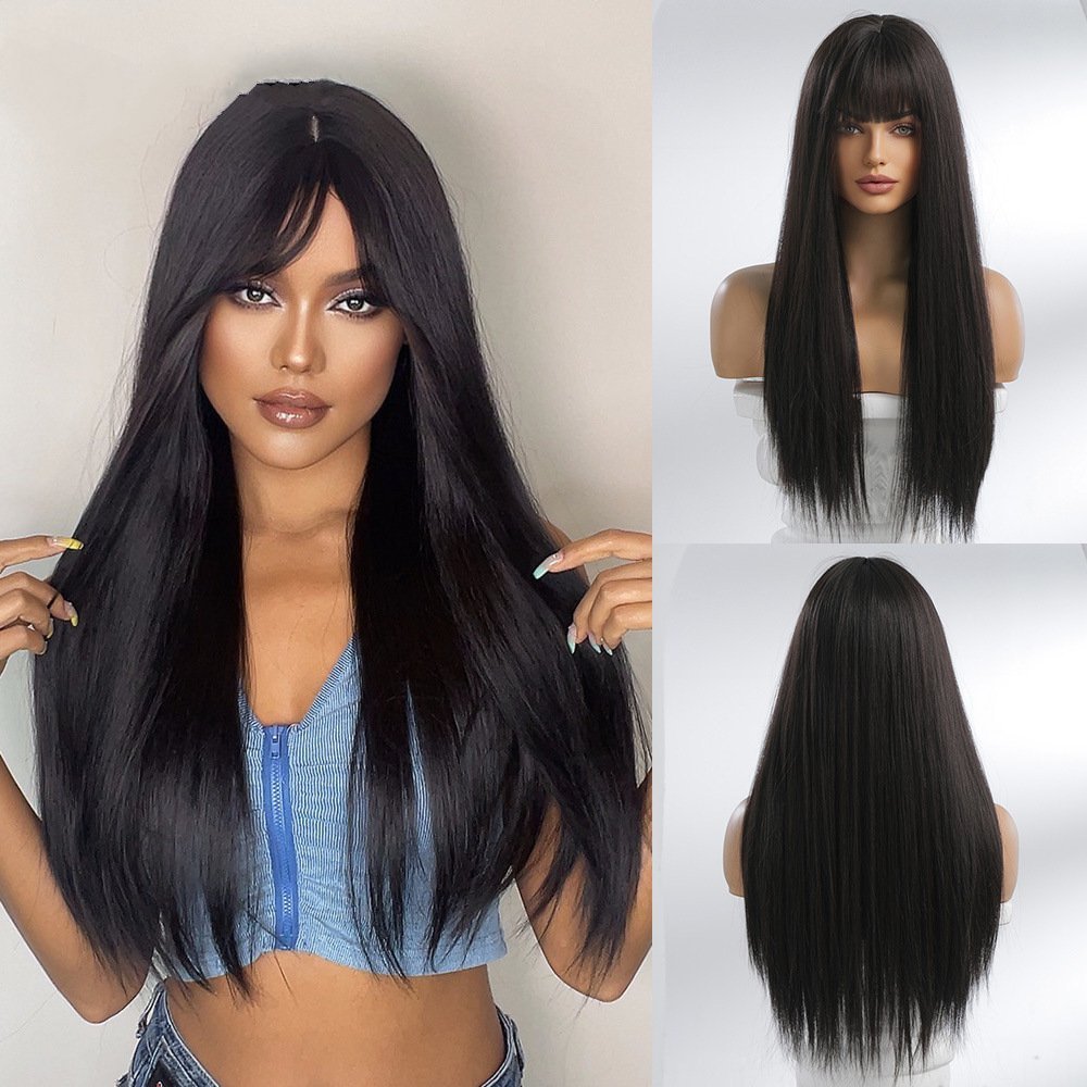 Long Black Straight Wigs for Women 24 inch Glueless Synthetic Wig with Bangs Heat Resistant Natural Layered Wig for Girls Daily Party Cosplay