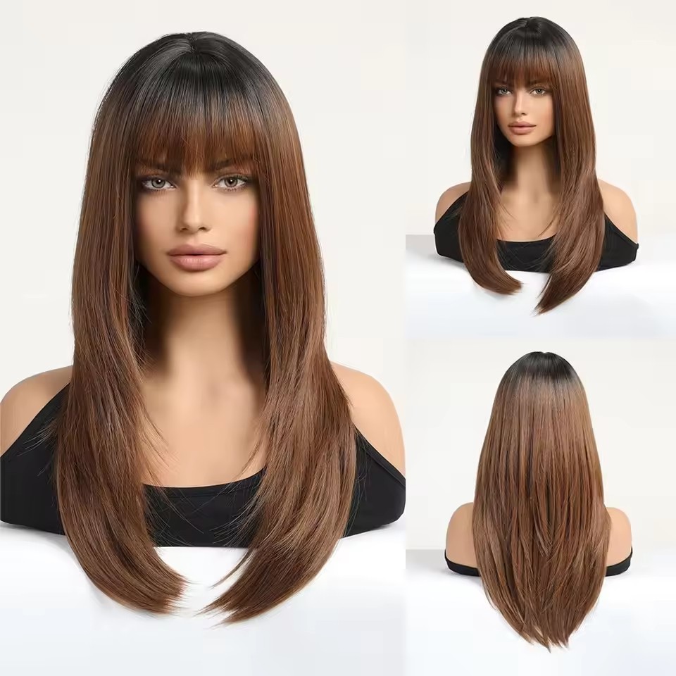 Layered Ombre Brown Synthetic Wig with Bangs Medium Length Straight Wig Dark Roots Heat Resistant Wig for Women Soft Wig