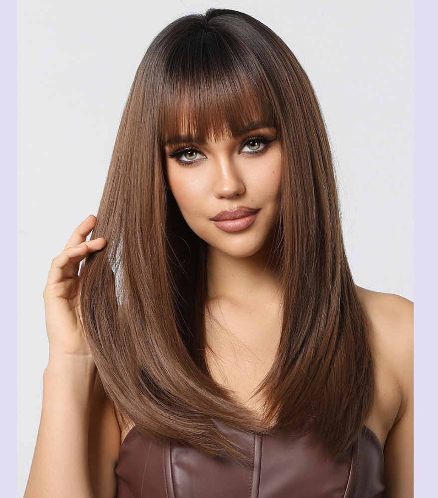 Layered Ombre Brown Synthetic Wig with Bangs Medium Length Straight Wig Dark Roots Heat Resistant Wig for Women Soft Wig