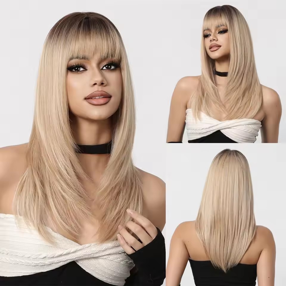 Rice Blonde Synthetic Wig with Bangs Medium Length Straight Natural Hair Dark Roots Cosplay Daily Wigs for Women