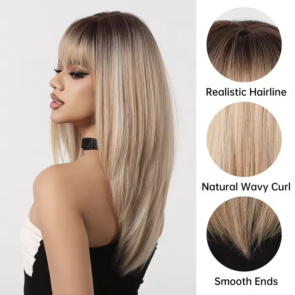Rice Blonde Synthetic Wig with Bangs Medium Length Straight Natural Hair Dark Roots Cosplay Daily Wigs for Women