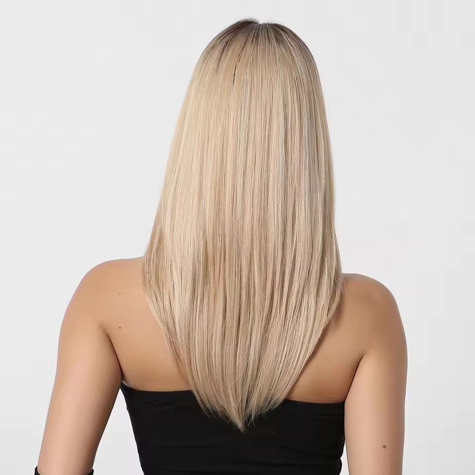 Rice Blonde Synthetic Wig with Bangs Medium Length Straight Natural Hair Dark Roots Cosplay Daily Wigs for Women