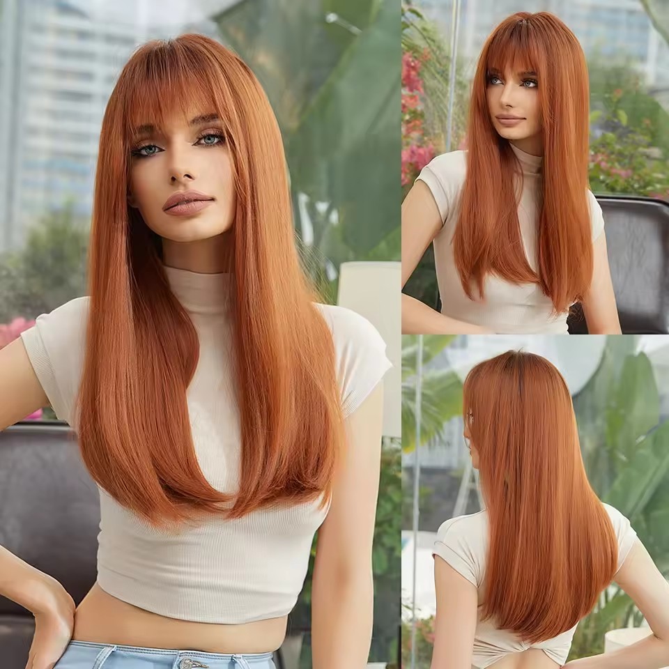 Auburn synthetic Wig with Bangs Long Red Natural Appearance Heat-Resistant Synthetic Daily Party  wig Suitable  Women