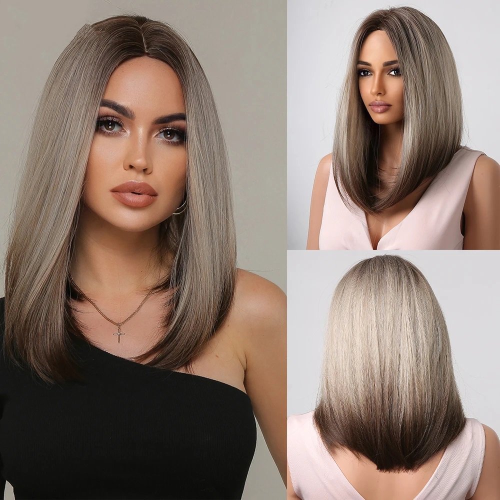 Brown Ash Blonde Straight Synthetic Wig for Women Ombre Brown Medium Length Cosplay Hair Heat Resistant Natural Wigs