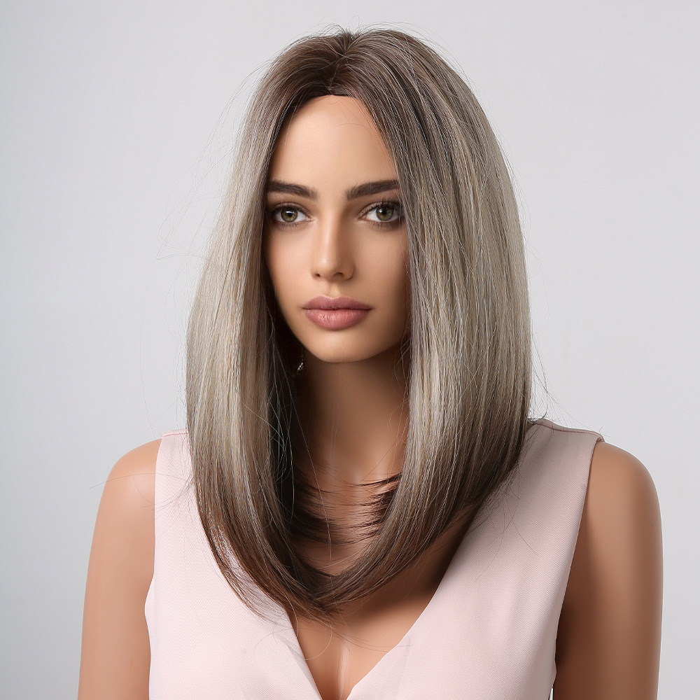 Brown Ash Blonde Straight Synthetic Wig for Women Ombre Brown Medium Length Cosplay Hair Heat Resistant Natural Wigs