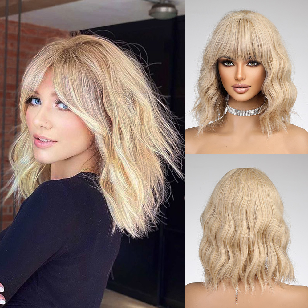 Medium Golden Blonde Loose wave synthetic Hair Wig with Bangs Cosplay Party Daily bob Wigs for Women