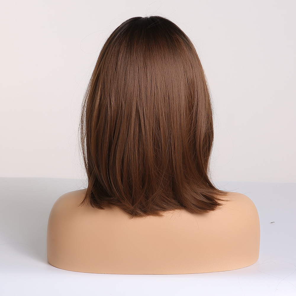 Synthetic Wigs for Women Ombre Brown Blonde Wigs with Bangs Layered Cosplay Wigs Heat Resistant Medium Length Wig