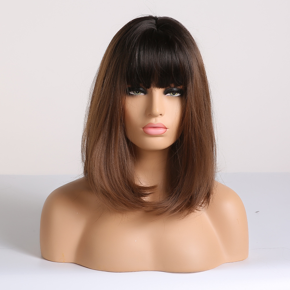 Synthetic Wigs for Women Ombre Brown Blonde Wigs with Bangs Layered Cosplay Wigs Heat Resistant Medium Length Wig
