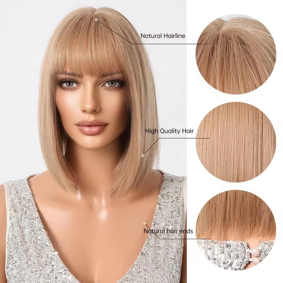 Brown Ash Blonde Straight Synthetic Wig for Women Ombre Brown Medium Length Cosplay Hair Heat Resistant Natural Wigs