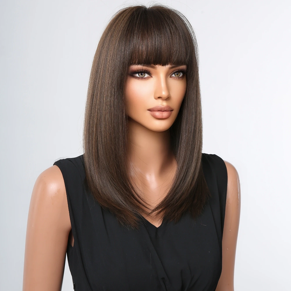 Medium Length Dark Brown Synthetic Wigs for Women Short Straight Brown Wigs With Bangs Daily use