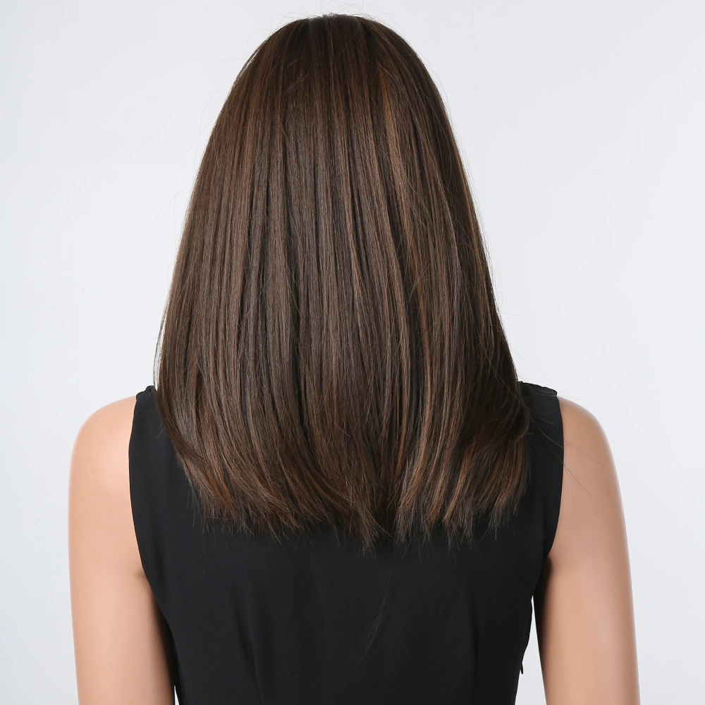 Medium Length Dark Brown Synthetic Wigs for Women Short Straight Brown Wigs With Bangs Daily use