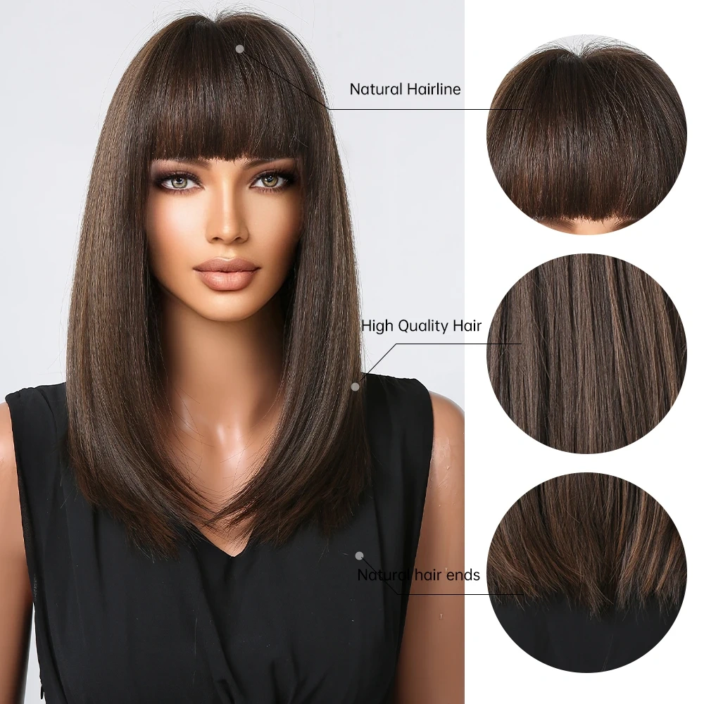 Medium Length Dark Brown Synthetic Wigs for Women Short Straight Brown Wigs With Bangs Daily use