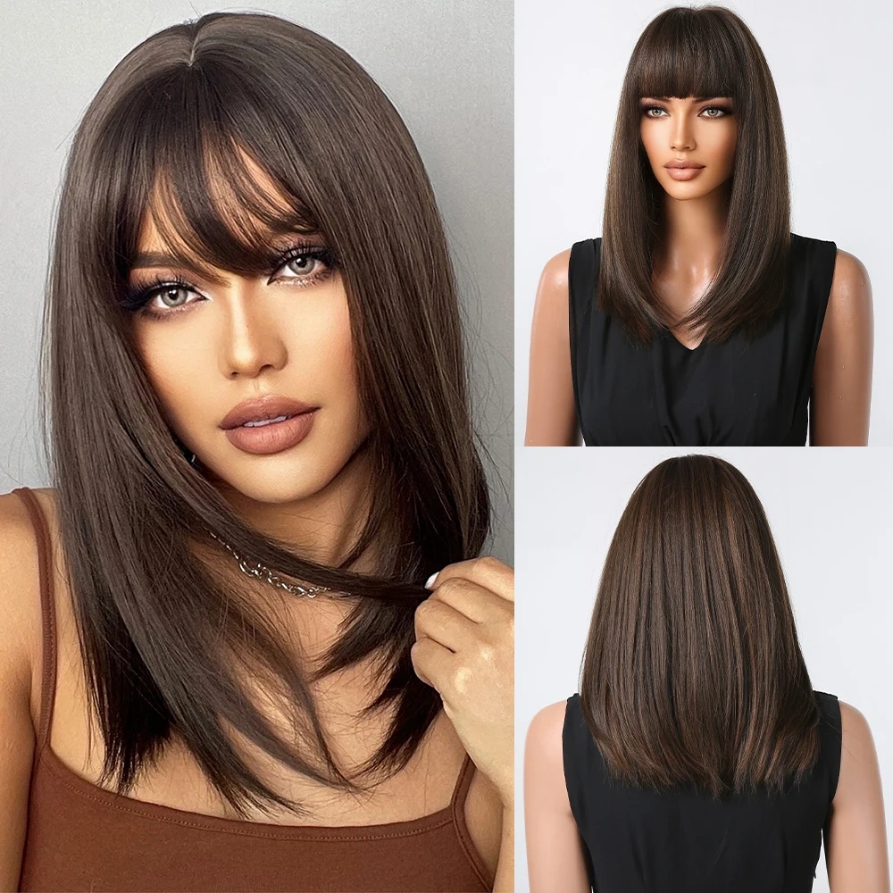 Medium Length Dark Brown Synthetic Wigs for Women Short Straight Brown Wigs With Bangs Daily use