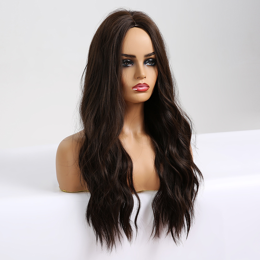 24 Inches Long Wavy Black Brown Wigs Cosplay  Party Wig for Black Women  High Temperature Fiber Synthetic Hair Wigs