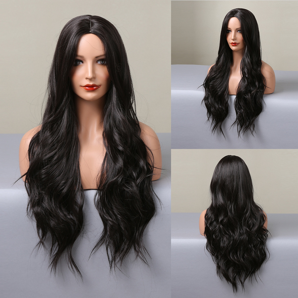 Long Black Brown Synthetic Wigs for Women Middle Part Wigs Natural Hair Wavy Wig Cosplay Heat Resistant Hair Wig