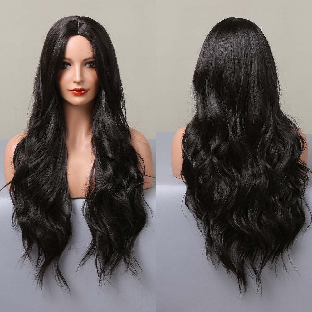 Long Black Brown Synthetic Wigs for Women Middle Part Wigs Natural Hair Wavy Wig Cosplay Heat Resistant Hair Wig