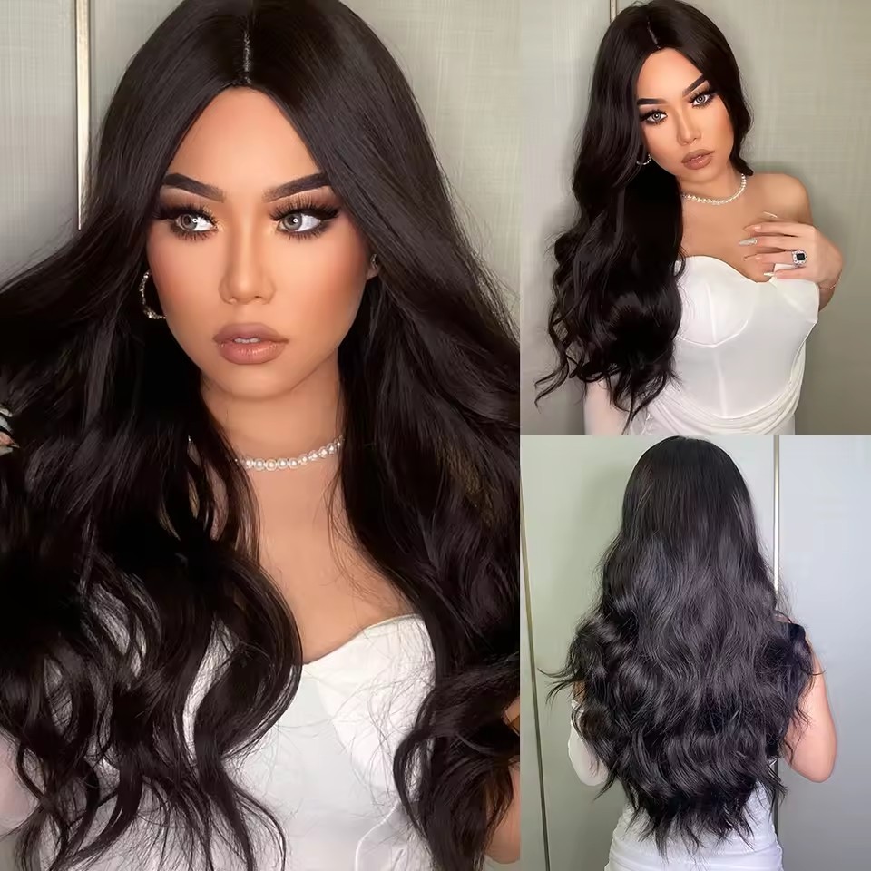 Long Black Brown Synthetic Wigs for Women Middle Part Wigs Natural Hair Wavy Wig Cosplay Heat Resistant Hair Wig