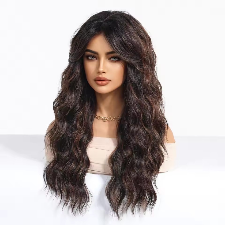 Ombre Blonde  Synthetic Wig brown Curly Wavy Wigs with Bangs Cosplay Party Heat Resistant Fiber wig for Women