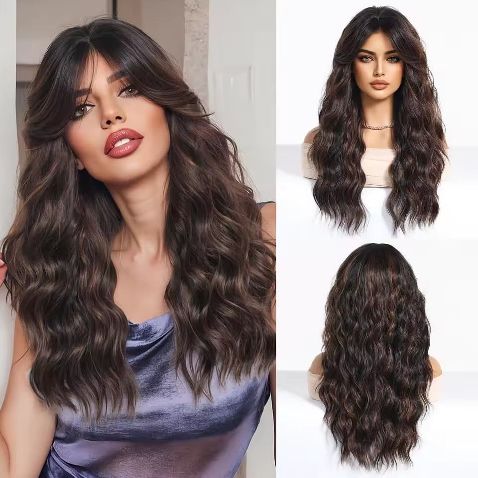 Ombre Blonde  Synthetic Wig brown Curly Wavy Wigs with Bangs Cosplay Party Heat Resistant Fiber wig for Women