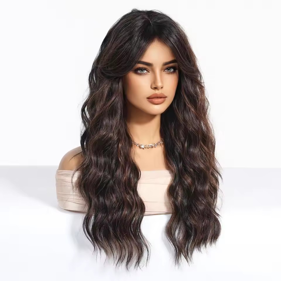 Ombre Blonde  Synthetic Wig brown Curly Wavy Wigs with Bangs Cosplay Party Heat Resistant Fiber wig for Women