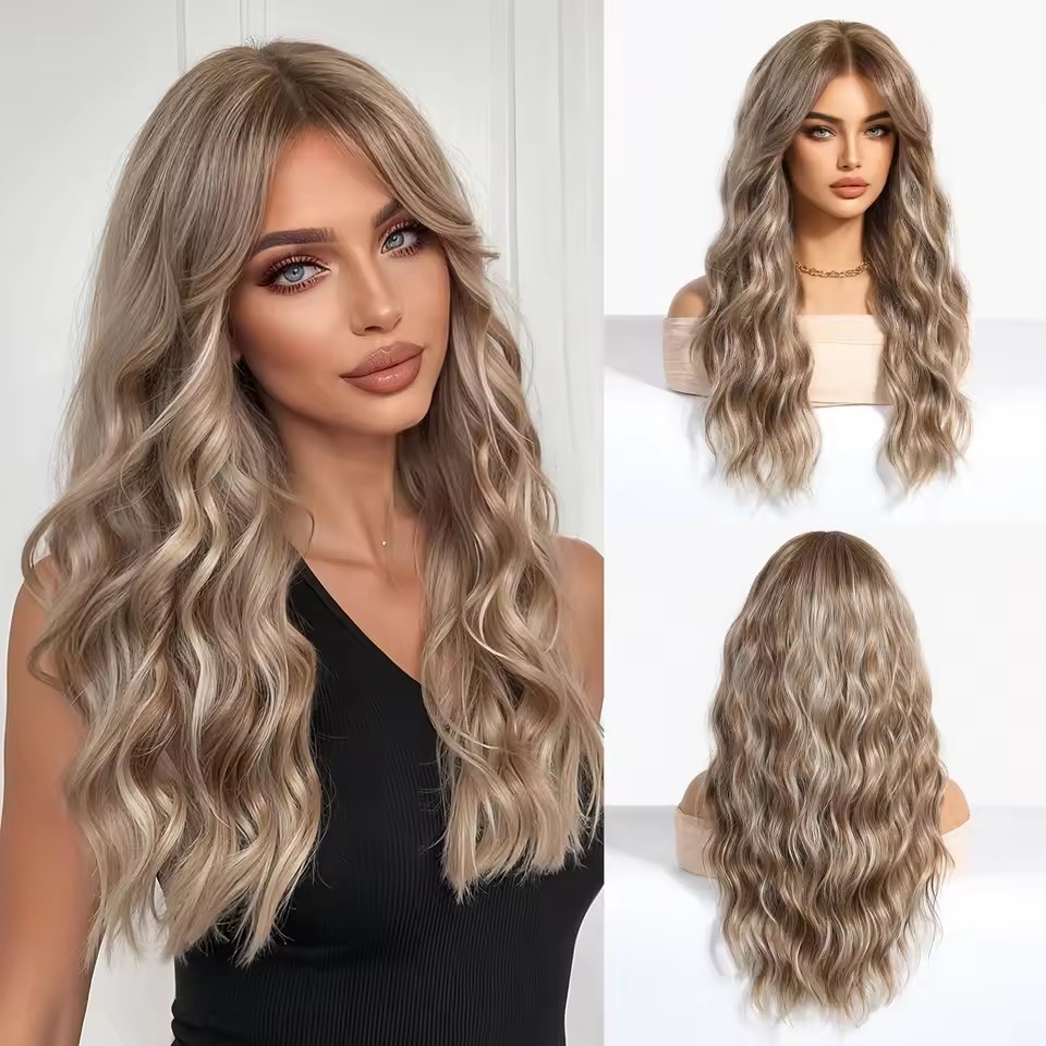 Ombre Blonde  Synthetic Wig brown Curly Wavy Wigs with Bangs Cosplay Party Heat Resistant Fiber wig for Women