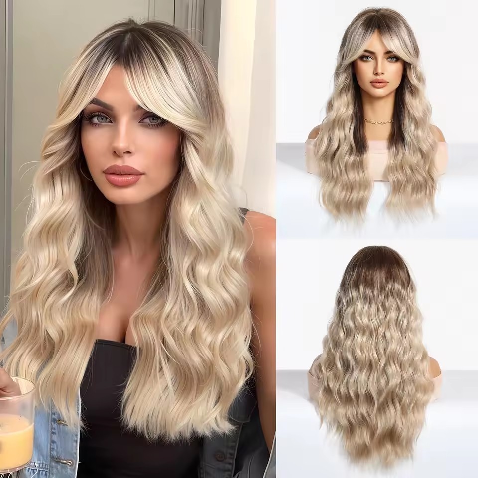 Ombre Blonde  Synthetic Wig brown Curly Wavy Wigs with Bangs Cosplay Party Heat Resistant Fiber wig for Women