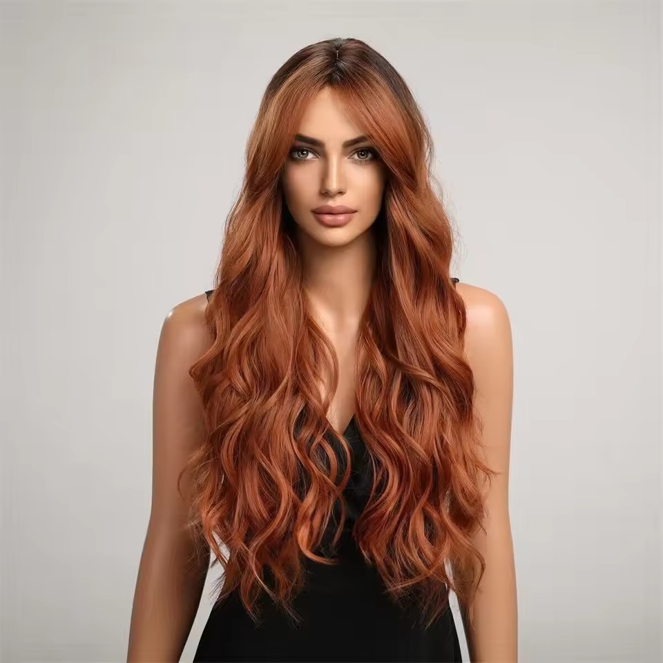 Orange Brown Wavy Long  fiber Wig with bangs Natural Fiber Synthetic wig for woman
