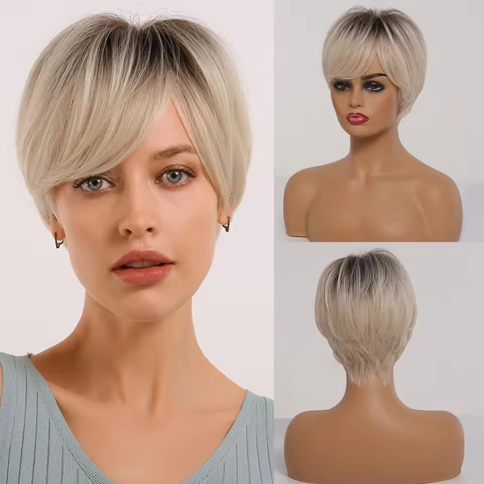 Brown Short Pixie Cut Synthetic Wig for Women Ombre Platinum Blonde Wigs with Bangs Daily/Party Heat Resistant Wigs