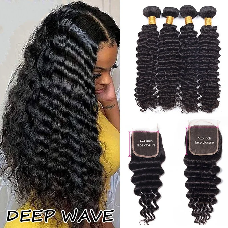 10A deep wave Brazilian Hair 3 Bundles with lace closure natural Virgin Human Hair Weave Extension