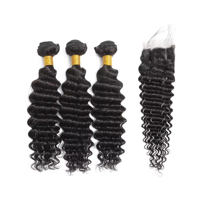 10A deep wave Brazilian Hair 3 Bundles with lace closure natural Virgin Human Hair Weave Extension