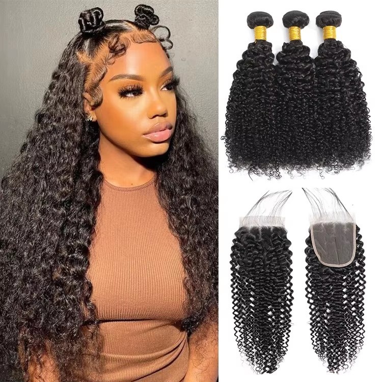 Natural Brazilian Kinky Curly Bundles With Closure Human Hair 3 Bundles remy  Hair Bundles With Closure