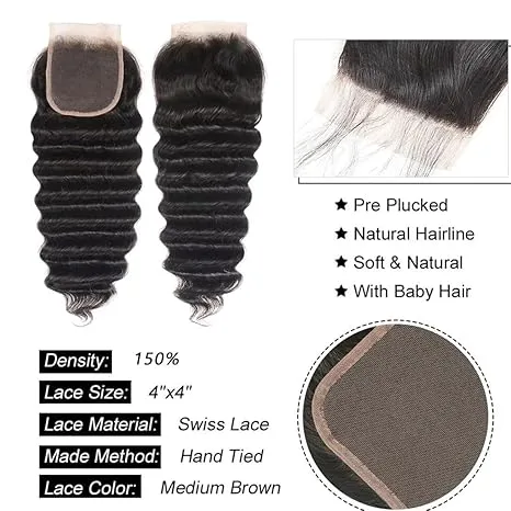 10A deep wave Brazilian Hair 3 Bundles with lace closure natural Virgin Human Hair Weave Extension