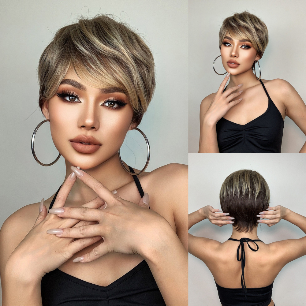 Brown Short Pixie Cut Synthetic Wig for Women Ombre Platinum Blonde Wigs with Bangs Daily/Party Heat Resistant Wigs