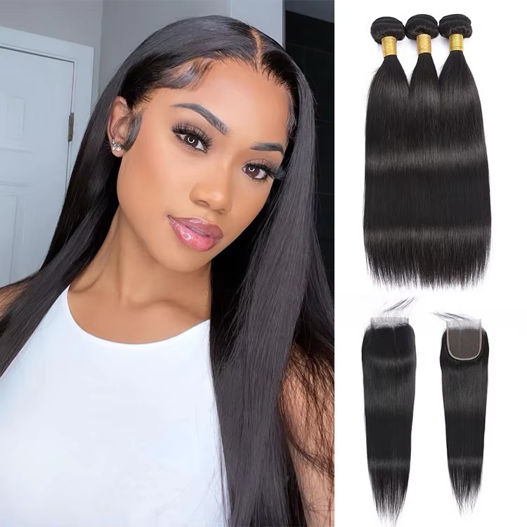 Natural Straight Hair Bundles With closure  remy l Human Hair 3  Bundles With Closure Brazilian Hair Weave Bundles