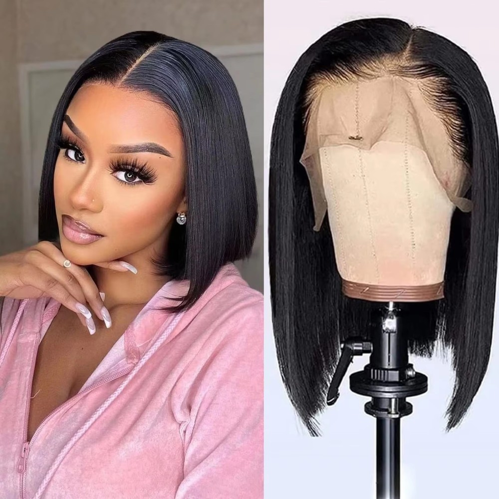 Natural black  Short Bob Wigs Human Hair Lace Front  wig Peruvian  Hair 13*4 Lace Straight Wigs For  Women Hd Lace Frontal Wigs