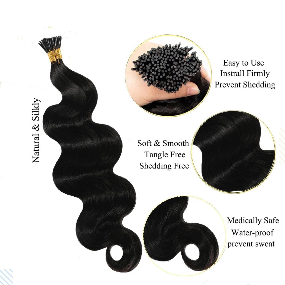 Natural Black  I Tip Human Hair Extension  Body Wave Hair  Capsule Keratin Natural  Cuticle Aligned Fusion Hair Extensions