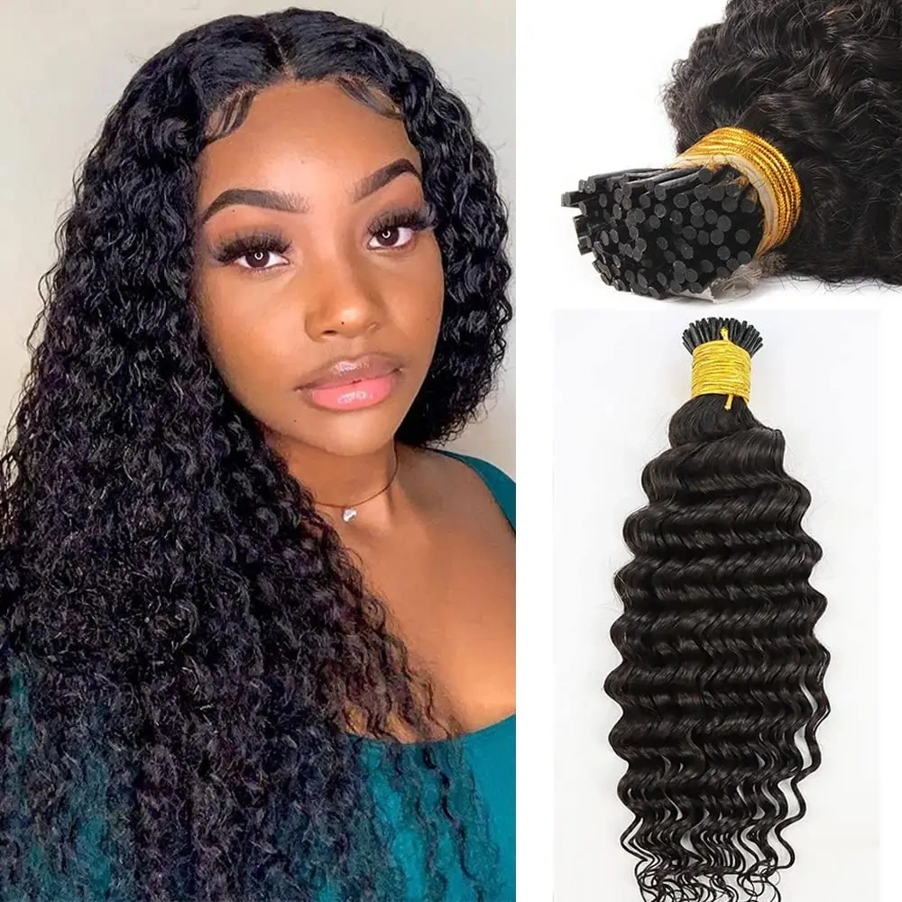 Natural Deep Wave I Tip Hair Extensions  REMY Human Hair Extensions Brazilian Hair Pre Bonded Keratin Stick In Hair Extensions