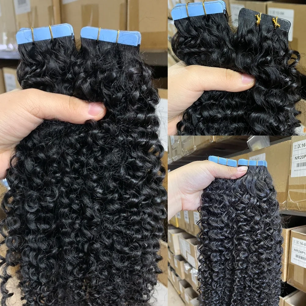 Natural Curly Tape in Extensions Human Hair Remy Kinky Curly Tape in Extensions 10-30 inch Curly 40 PCS/Pack