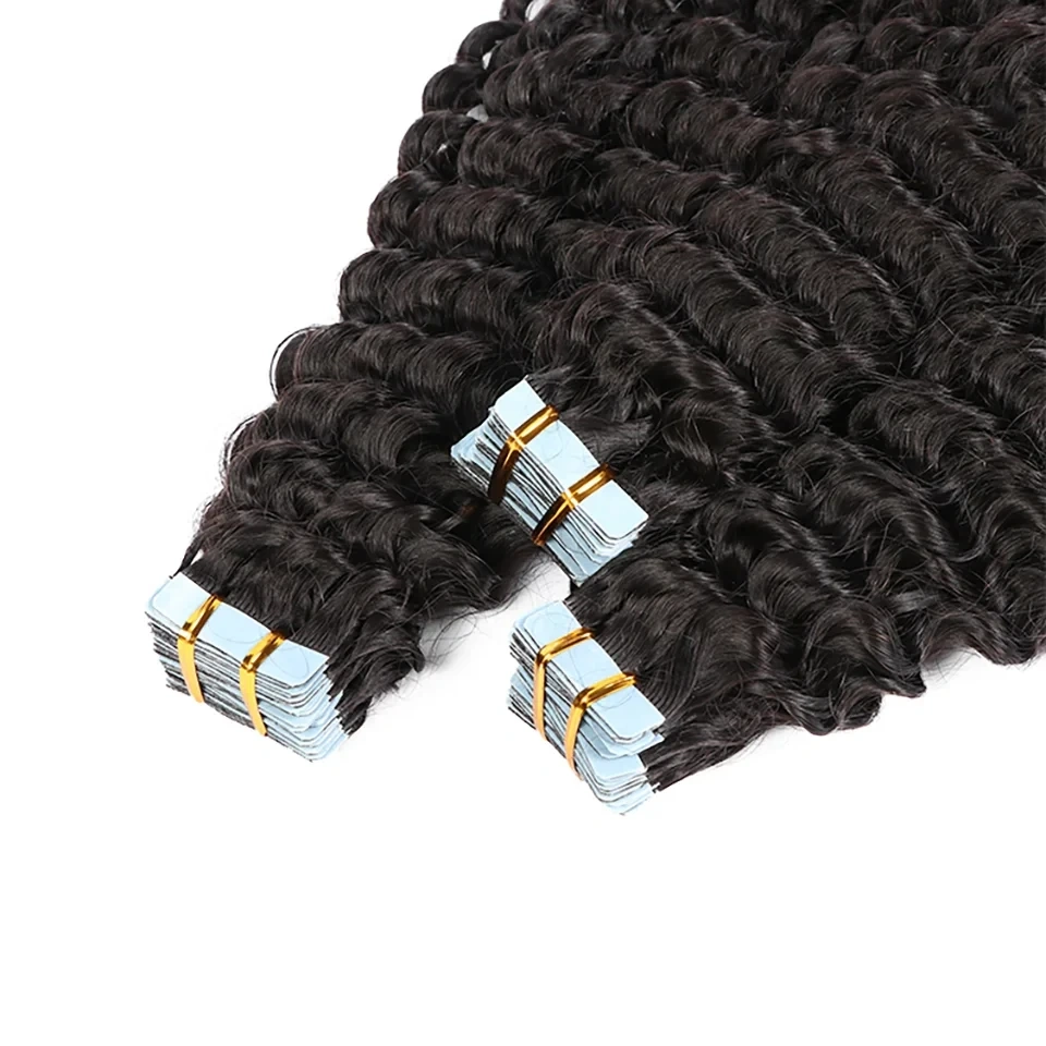 Natural Black deep Wave Tape in Human Hair Extension  Virgin Remy Skin Weft Tape in Curly Human Hair Deep Wave 40pcs100g
