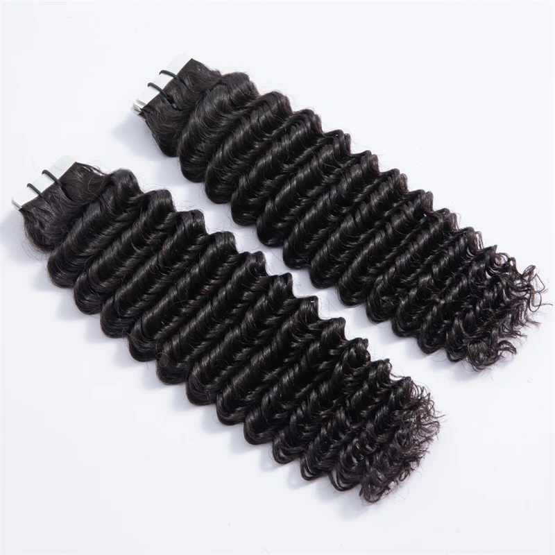 Natural Black deep Wave Tape in Human Hair Extension  Virgin Remy Skin Weft Tape in Curly Human Hair Deep Wave 40pcs100g