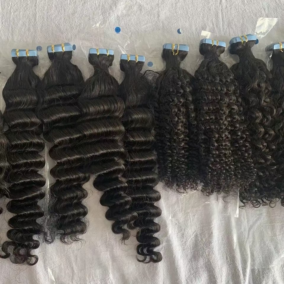 Natural Black deep Wave Tape in Human Hair Extension  Virgin Remy Skin Weft Tape in Curly Human Hair Deep Wave 40pcs100g