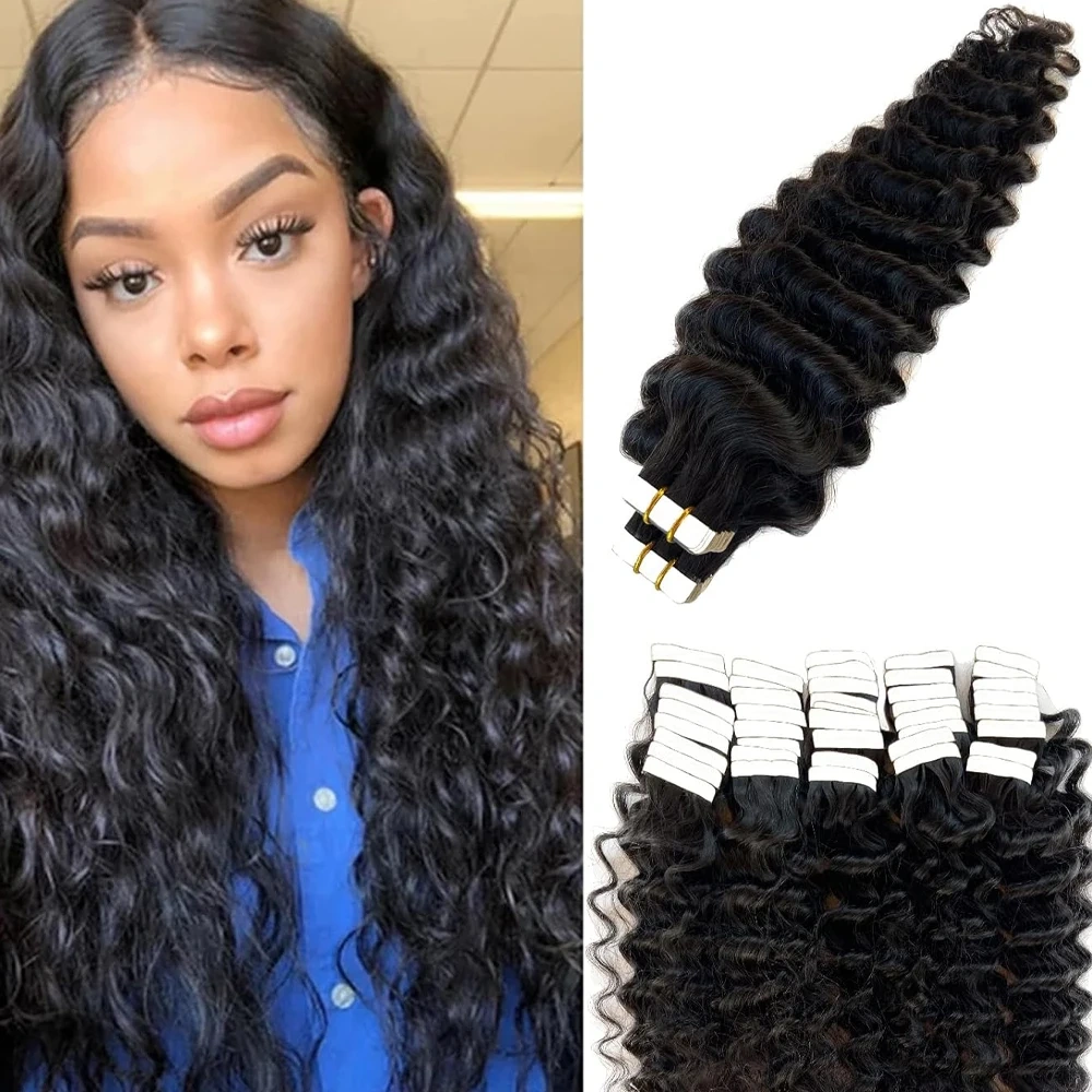Natural Black deep Wave Tape in Human Hair Extension  Virgin Remy Skin Weft Tape in Curly Human Hair Deep Wave 40pcs100g