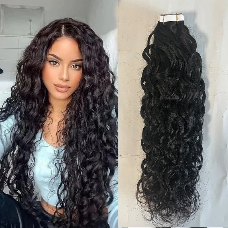 Natural Water Wave Tape In Human Hair Extensions 40Pieces Natural Black #1B 100% Remy Humen Hair 14-30Inch Skin Weft Tape Ins
