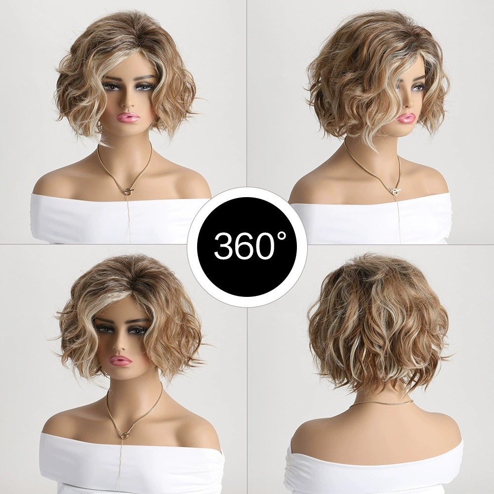 Short blonde  Wigs Synthetic Hair  wig Wavy Curly Wig with Side Part Bangs for Women
