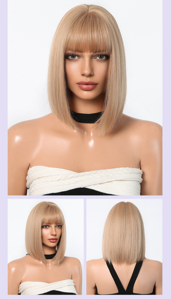Short Blonde Wigs Synthetic Natural Straight Bob Wig for Women Light Golden Party Heat Resistant wig With Bangs