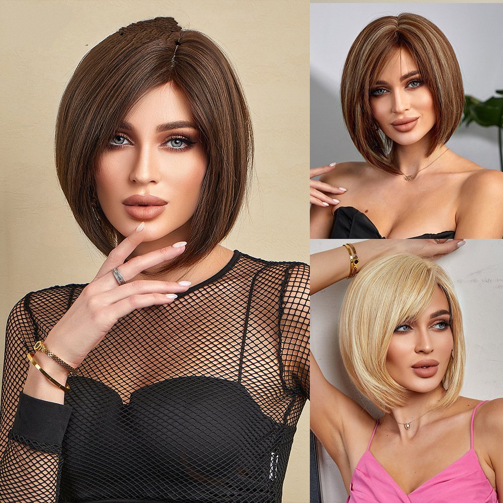 12 Inch Short Straight synthetic Hair Wigs For Women blonde Straight Side Part  fiber Wigs